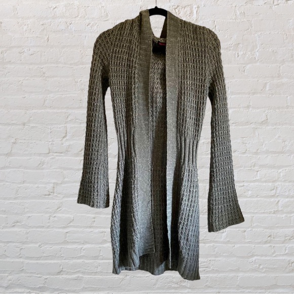 SHIMMERY METALLIC WOOL HOODED KNIT OPEN FRONT SWEATER DUSTER DUSTER CARDIGAN - Picture 4 of 9
